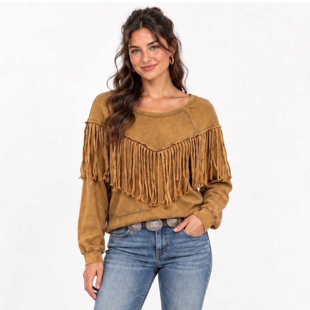 Fringe Sweatshirt Medium Western Boho Mustard Brown Boho chic